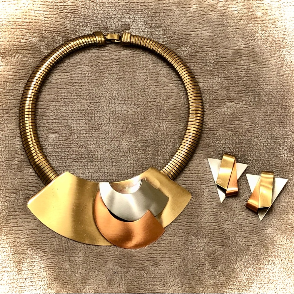 Vintage Gold Silver Copper Toned Art Deco Choker Necklace & Matching Ear…
